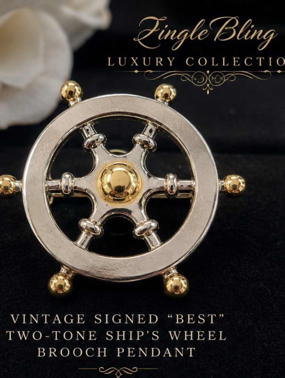 Vintage BEST Signed Two Tone Ship Wheel Brooch Pendant Nautical Jewelry